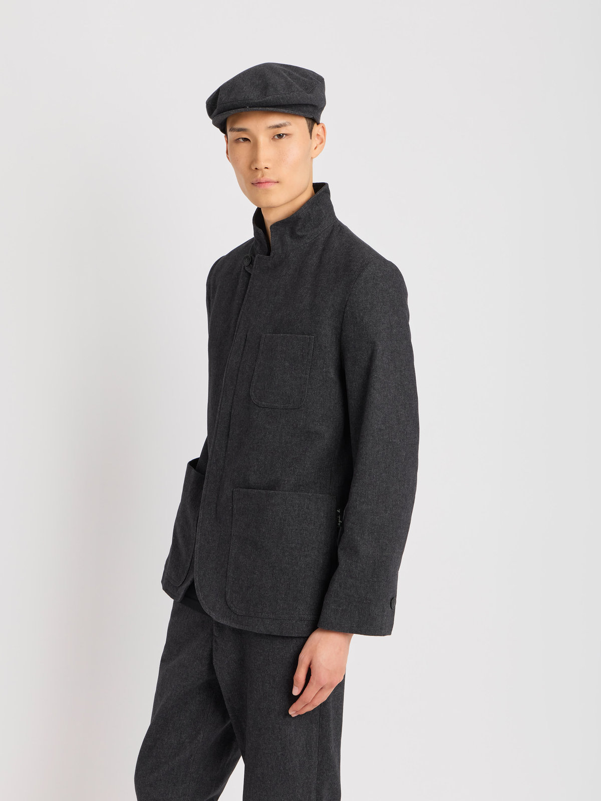 HOMME メンズ コットン スタンドカラー 長袖 ジャケット "Zippee" グレー