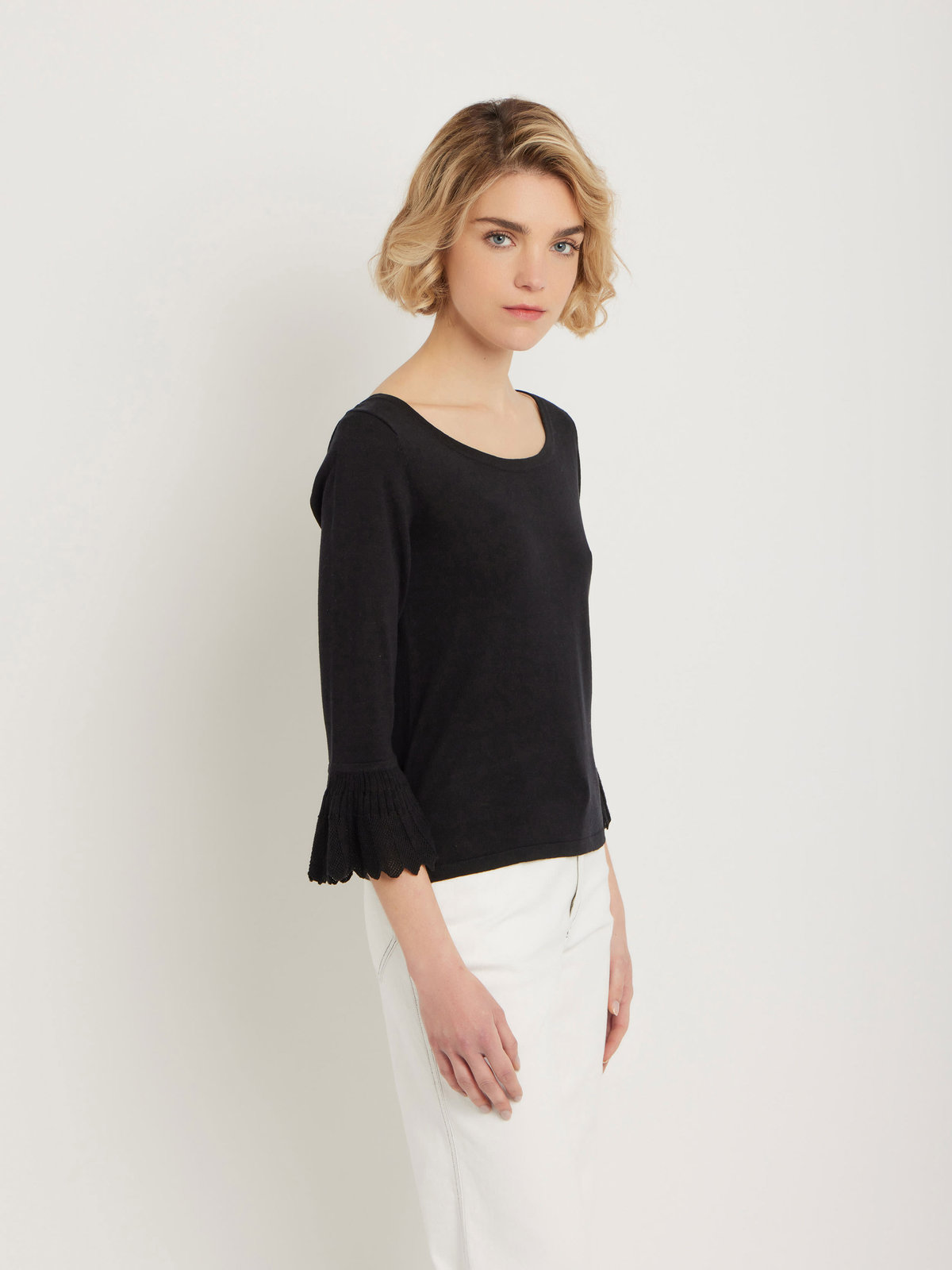 FEMME ウィメンズ 【Outlet】シルク リネン 7分袖 プルオーバー "Chantilly" ブラック