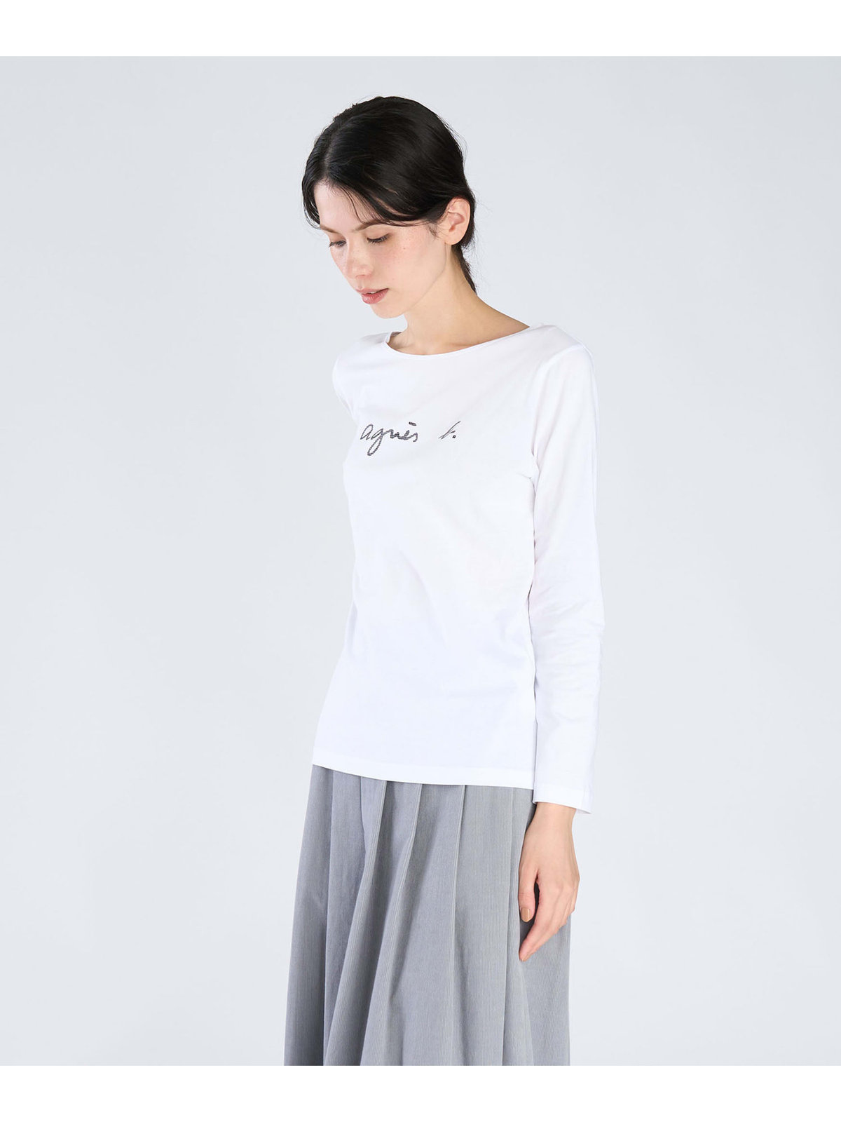 FEMME ウィメンズ ロゴ プリント コットン ボートネック 長袖 Tシャツ ”New Bow” ホワイト