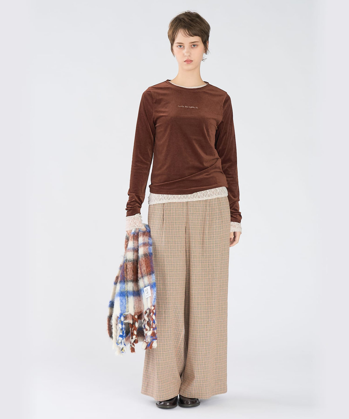 To b. by agnès b. ロゴ刺繍 シアー ベロア 長袖 Tシャツ ブラウン