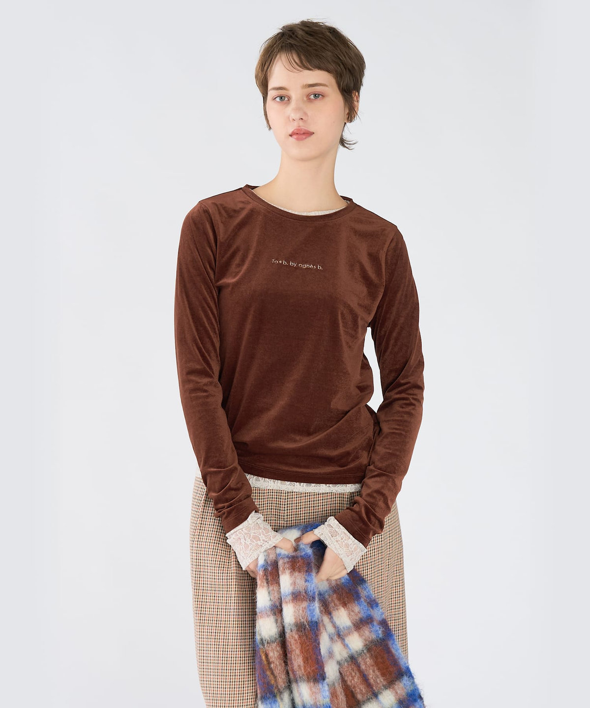 To b. by agnès b. ロゴ刺繍 シアー ベロア 長袖 Tシャツ ブラウン