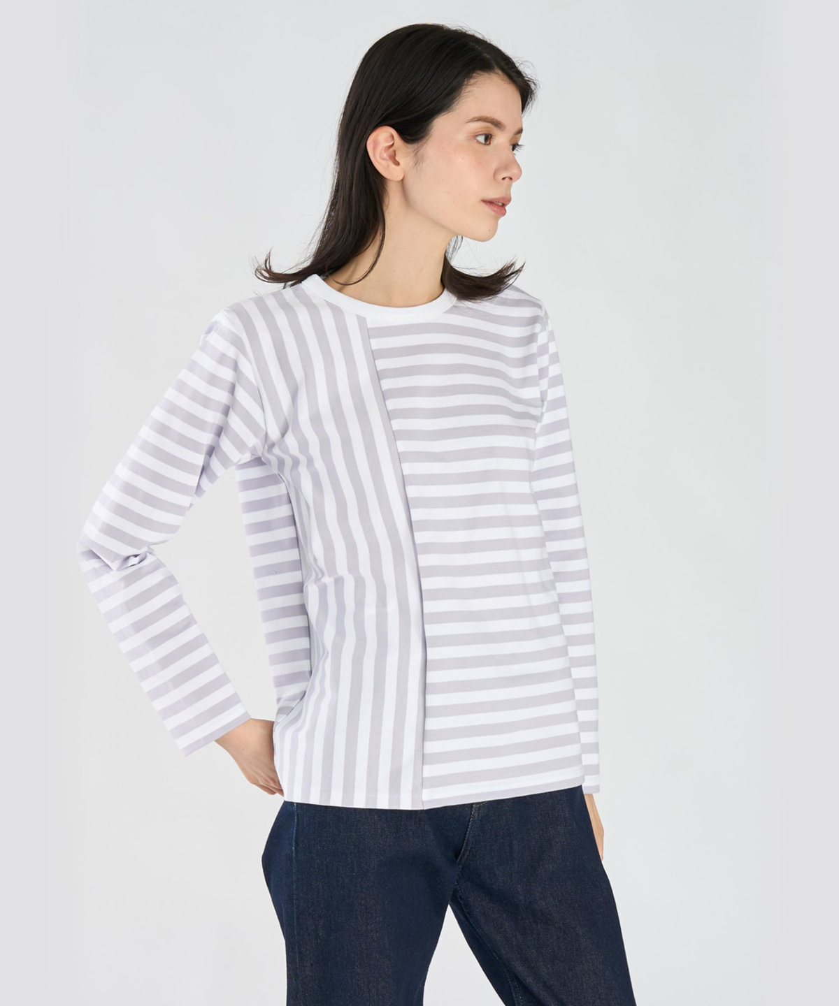 FEMME ウィメンズ 【by R 限定品】agnes b. 細ボーダーxストライプ コットン 長袖 Tシャツ "Haru" サックス×ホワイト