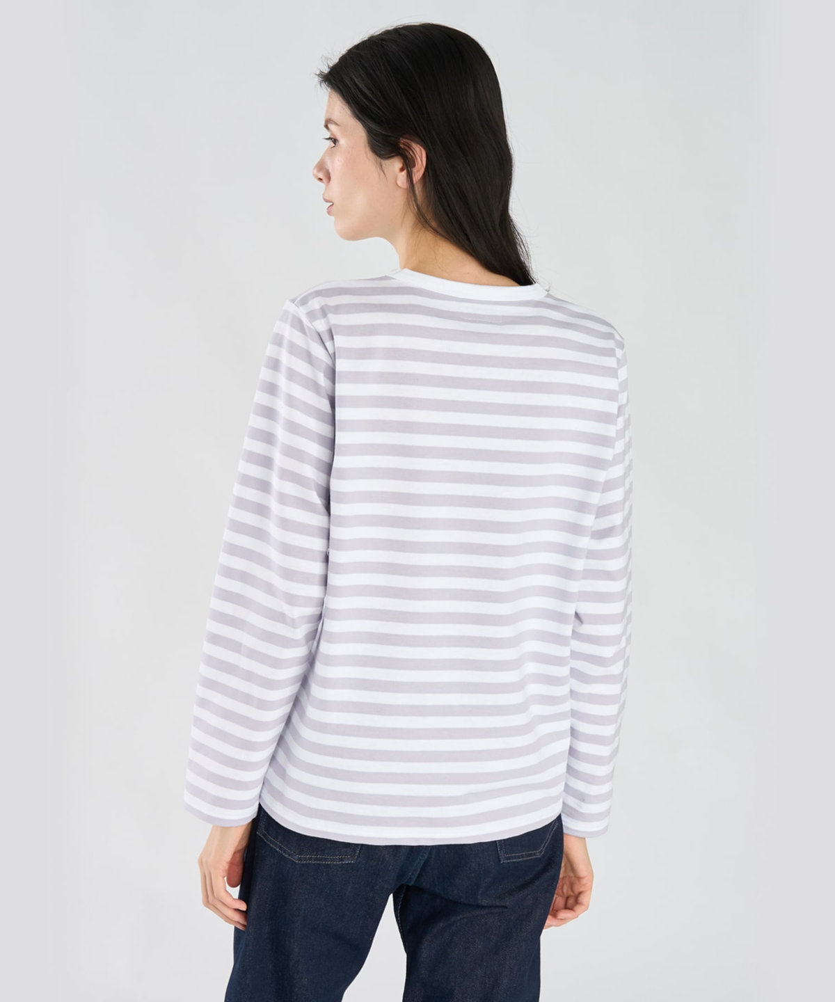 FEMME ウィメンズ 【by R 限定品】agnes b. 細ボーダーxストライプ コットン 長袖 Tシャツ "Haru" サックス×ホワイト