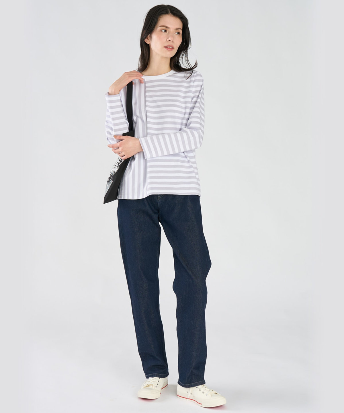 FEMME ウィメンズ 【by R 限定品】agnes b. 細ボーダーxストライプ コットン 長袖 Tシャツ "Haru" サックス×ホワイト