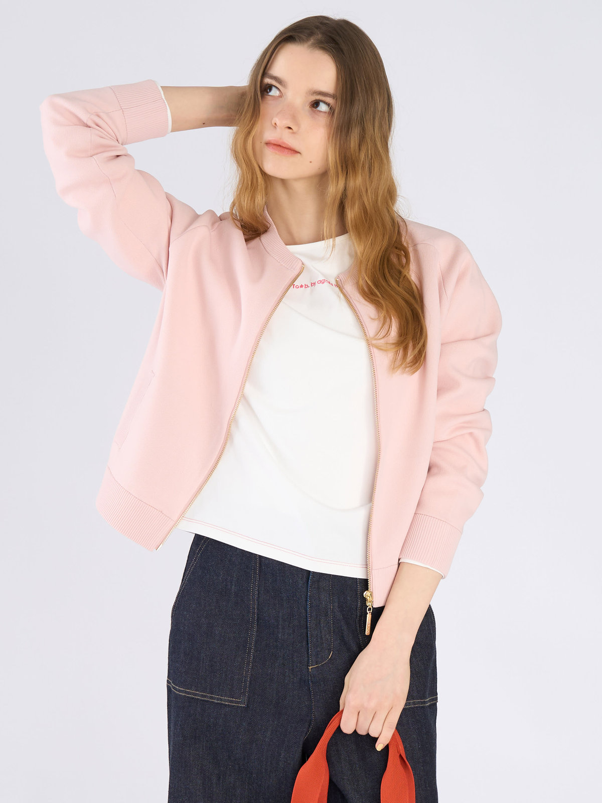 To b. by agnès b. ニット ジップアップ ブルゾン ピンク