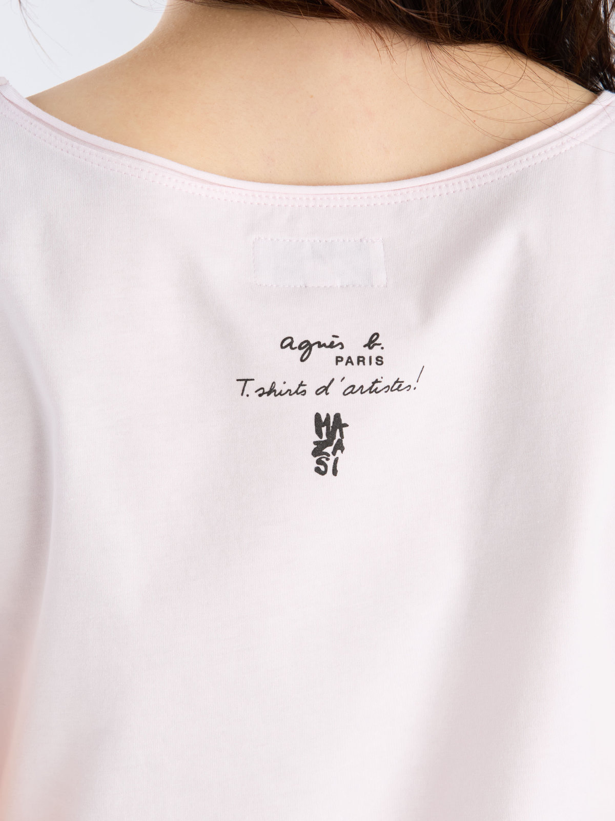 FEMME ウィメンズ コットン プリント 半袖 アーティスト Tシャツ "MAZASI" ピンク系その他