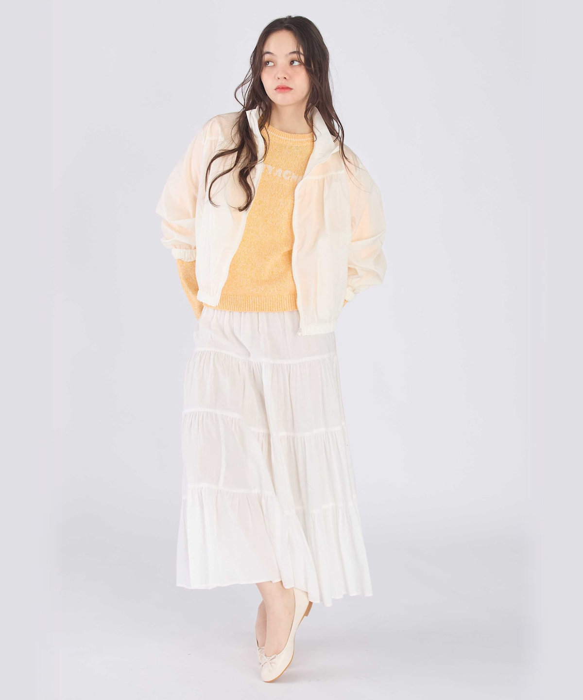 To b. by agnès b. ロゴ コットン ナイロン ジャカード 長袖 ニットプルオーバー オレンジ