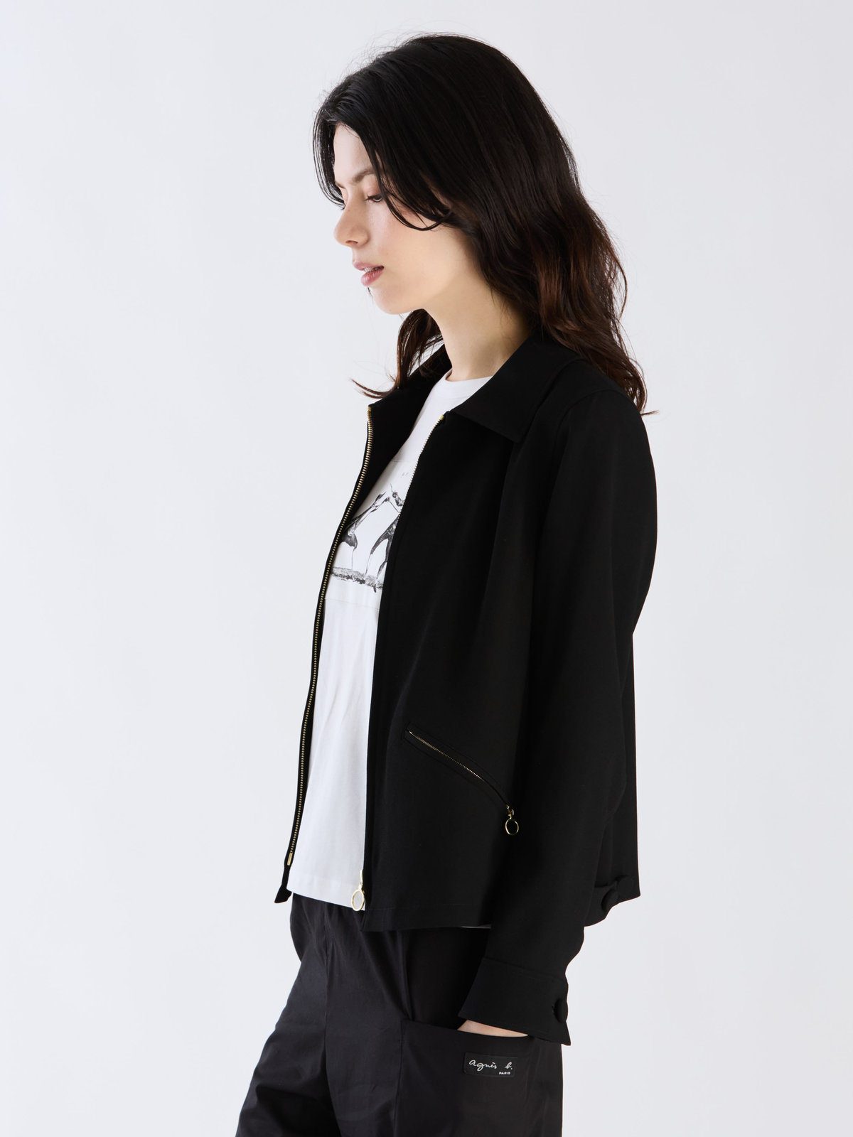 FEMME ウィメンズ ブラック トリアセテート クレープ 長袖 ブルゾン ブラック