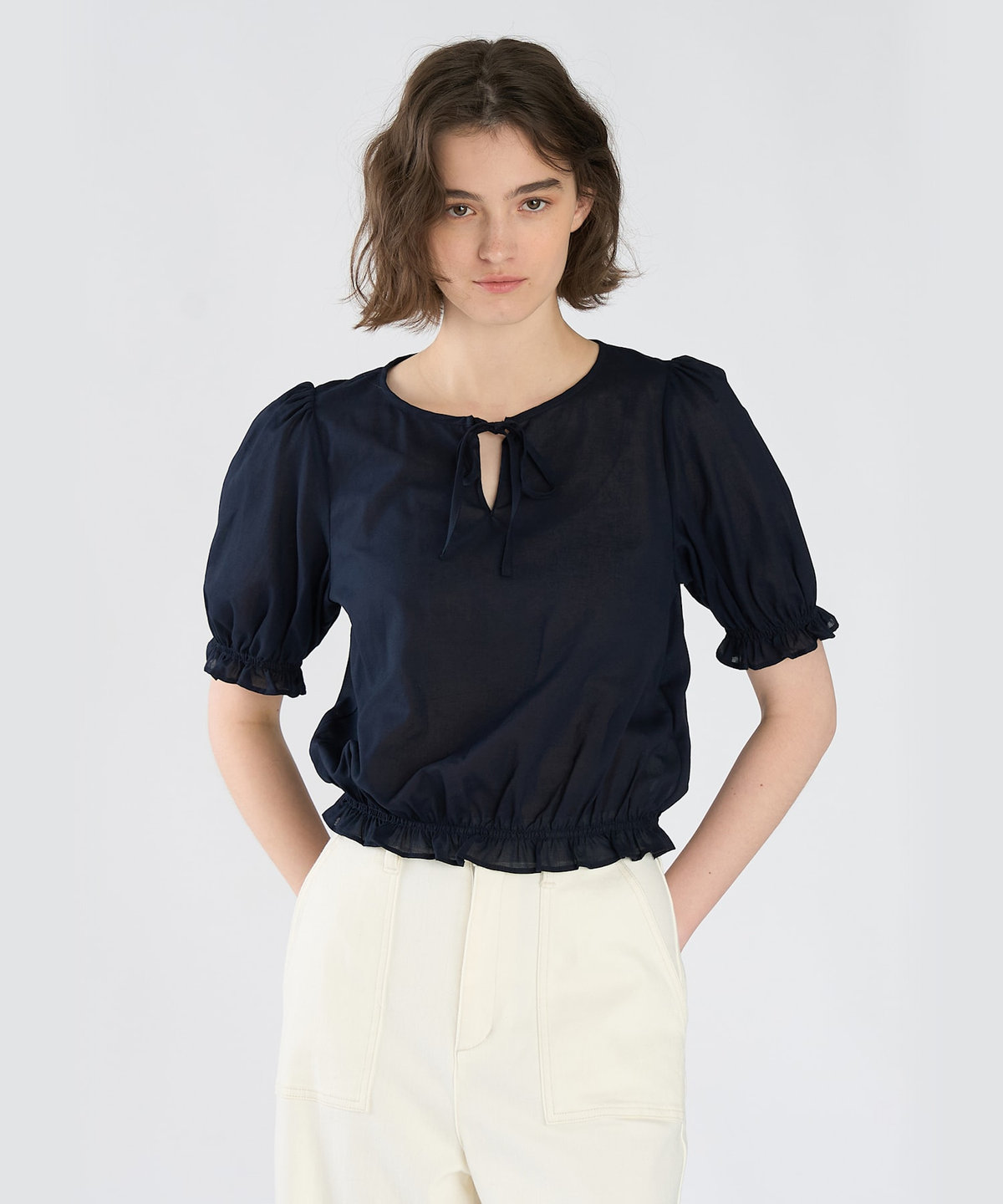 To b. by agnès b. コットン シフォン パフィー 半袖 ブラウス ネイビー