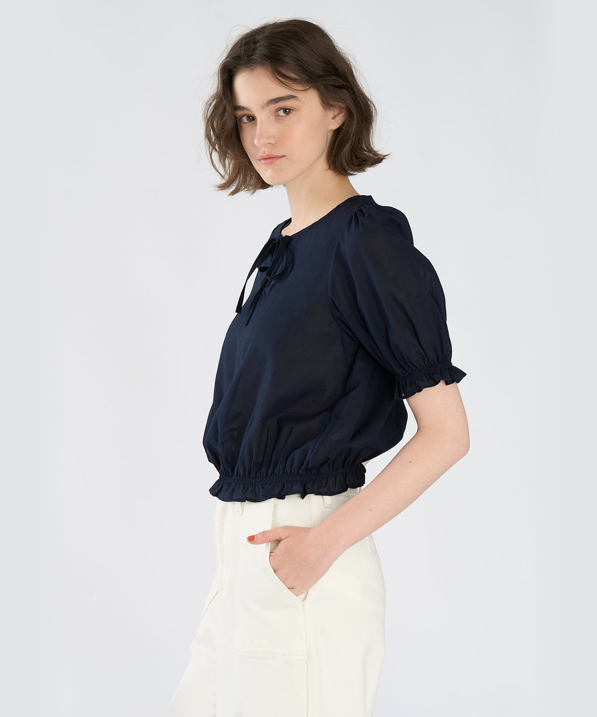 To b. by agnès b. コットン シフォン パフィー 半袖 ブラウス ネイビー