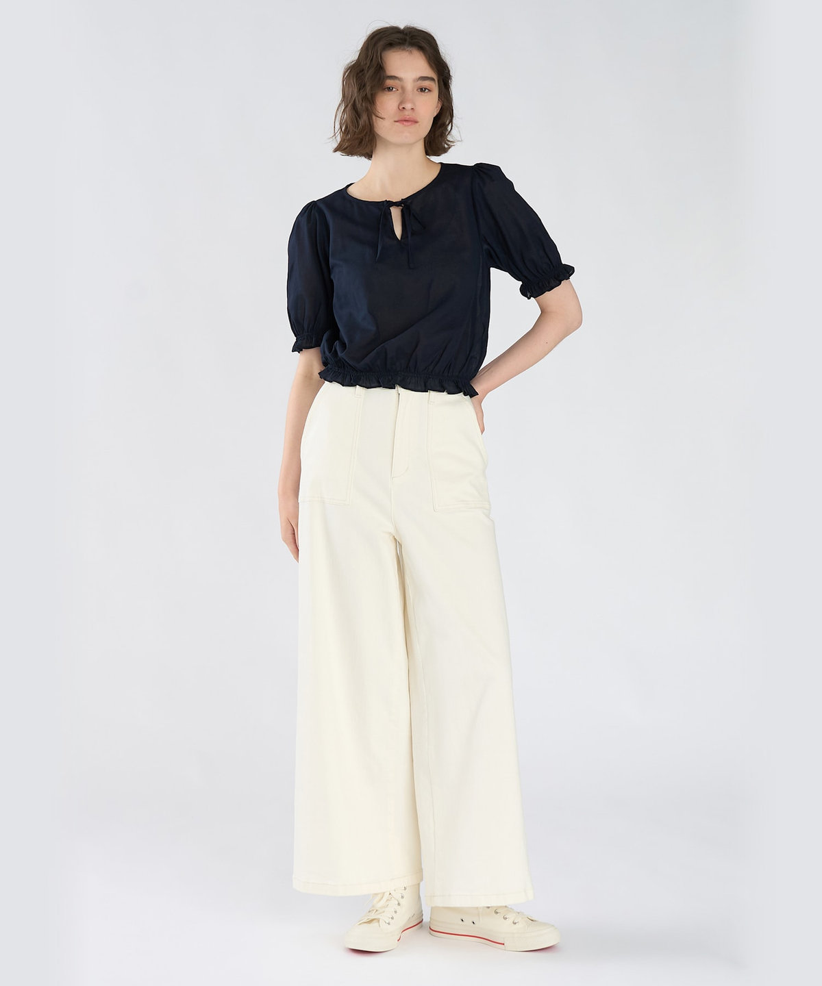 To b. by agnès b. コットン シフォン パフィー 半袖 ブラウス ネイビー