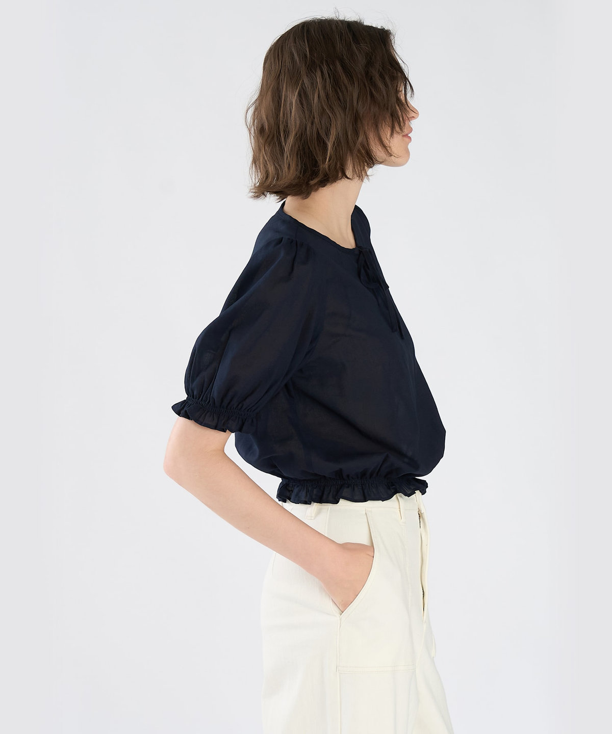 To b. by agnès b. コットン シフォン パフィー 半袖 ブラウス ネイビー