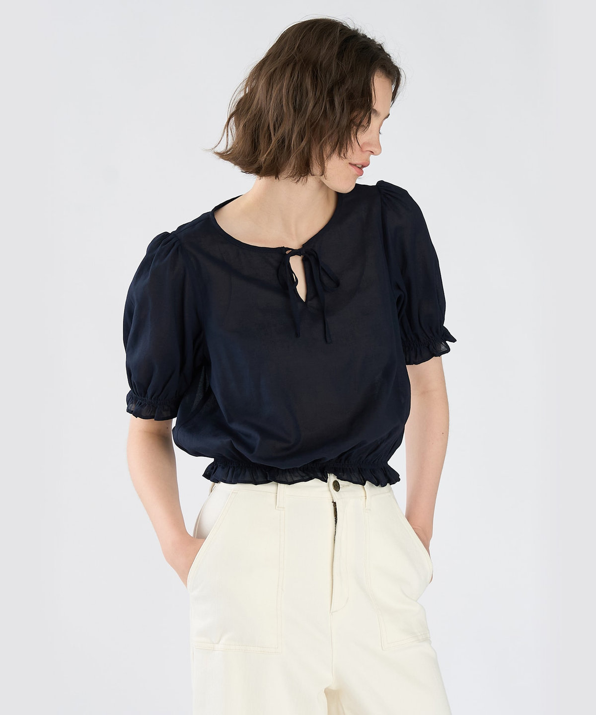 To b. by agnès b. コットン シフォン パフィー 半袖 ブラウス ネイビー
