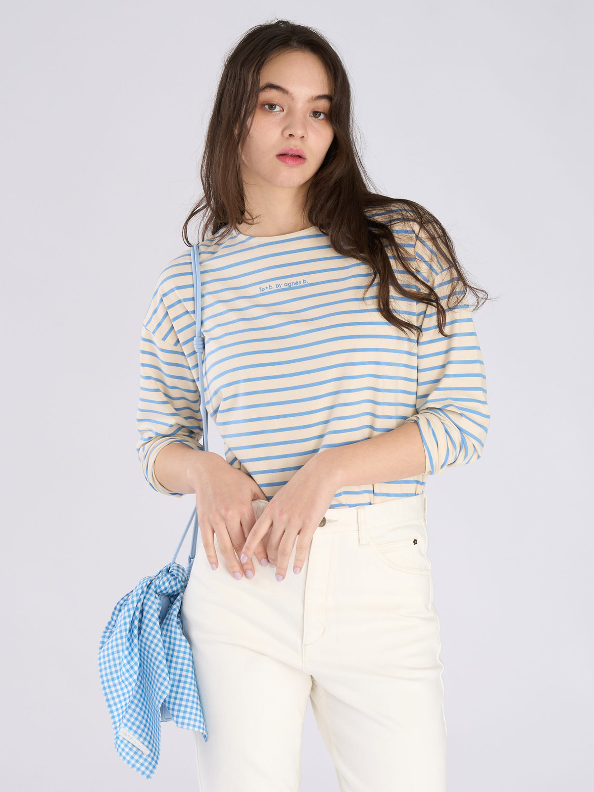 To b. by agnès b. ボーダー ロゴ 刺繍 長袖 Tシャツ ライトブルー