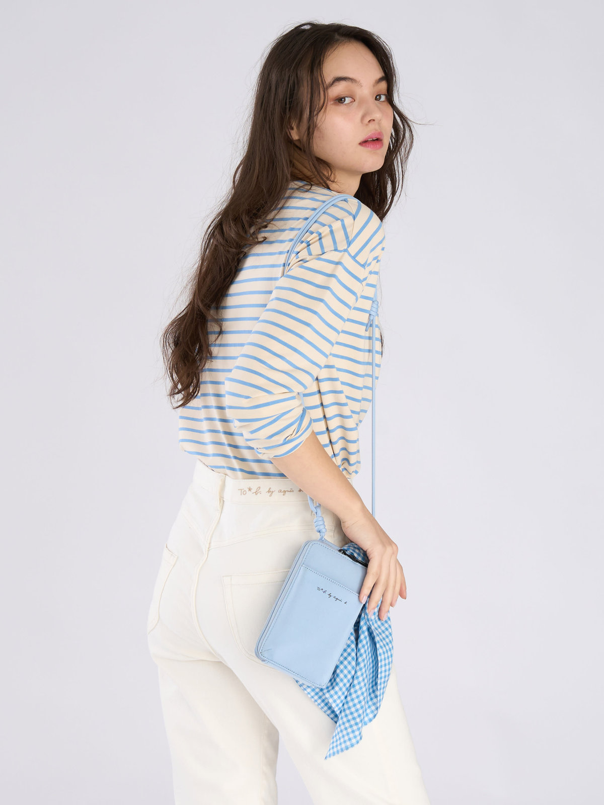 To b. by agnès b. ボーダー ロゴ 刺繍 長袖 Tシャツ ライトブルー