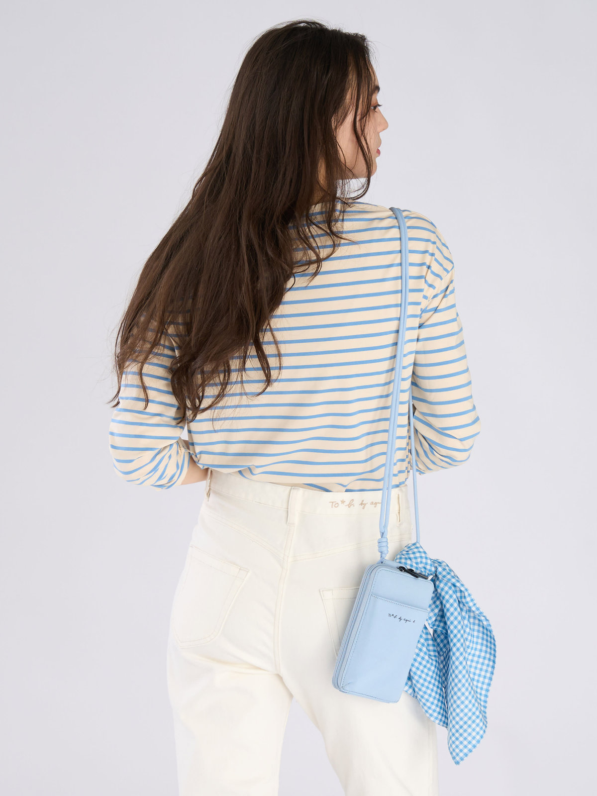 To b. by agnès b. ボーダー ロゴ 刺繍 長袖 Tシャツ ライトブルー