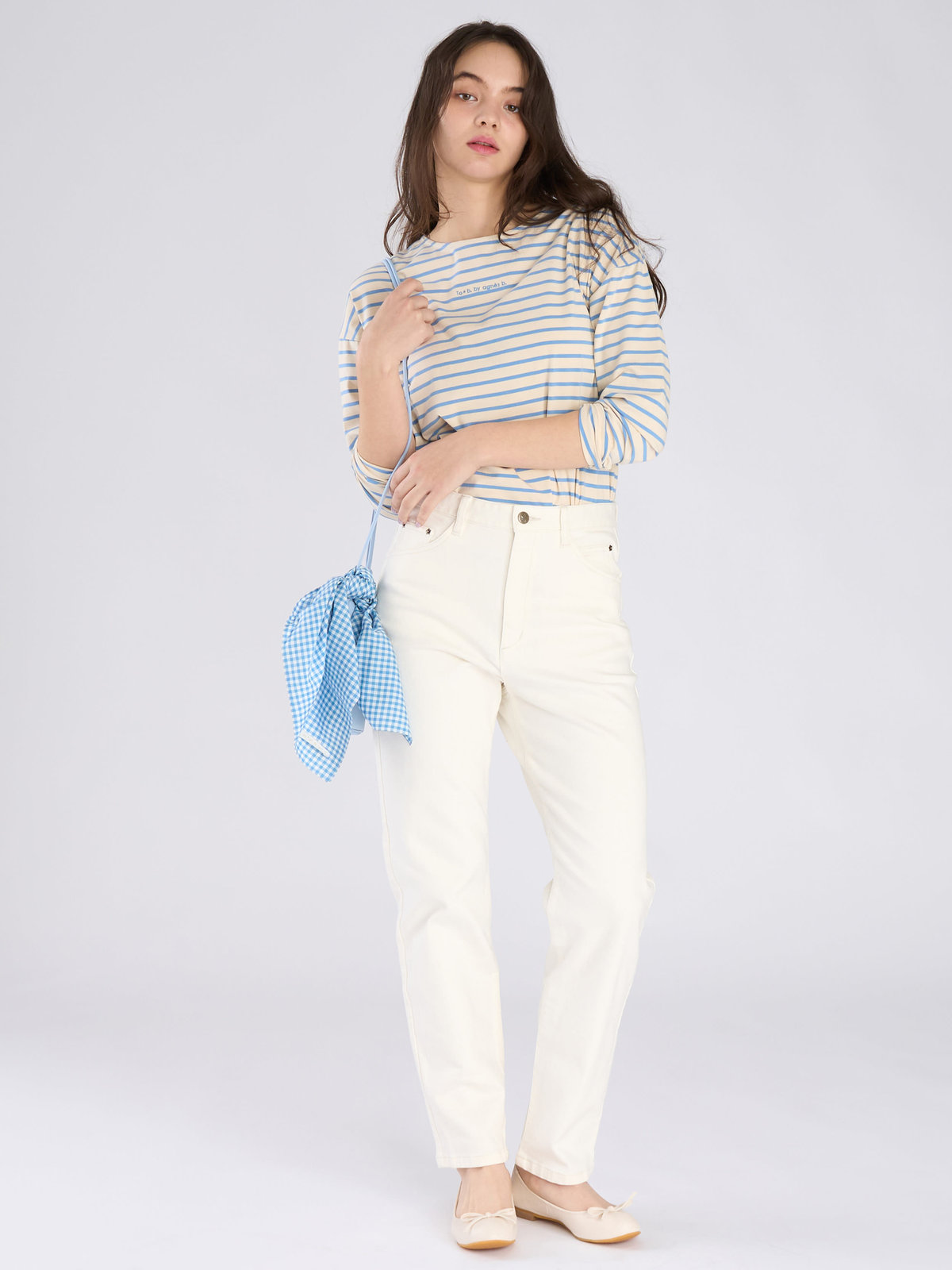 To b. by agnès b. ボーダー ロゴ 刺繍 長袖 Tシャツ ライトブルー