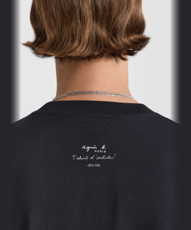 HOMME メンズ メンズ プリント コットン 半袖 アーティスト Tシャツ "Jen Cri" ブラック