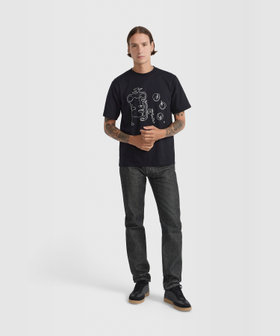 HOMME メンズ メンズ プリント コットン 半袖 アーティスト Tシャツ "Jen Cri" ブラック