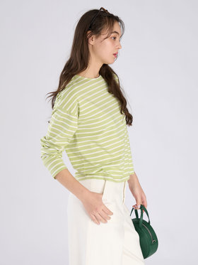 To b. by agnès b. ボーダー ロゴ 刺繍 長袖 Tシャツ グリーン