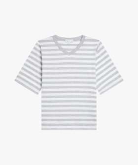 FEMME ウィメンズ 細ボーダー コットン Vネック 半袖 Tシャツ "Raya" グレー