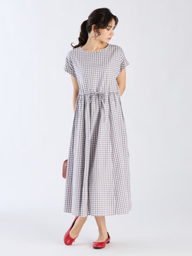 To b. by agnès b. ギンガムチェック コットン ロング ワンピース グレー×ホワイト