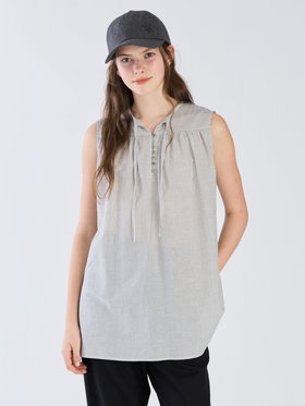 To b. by agnès b. 【Outlet】ストライプ コットンボイル ノースリーブ ブラウス ブラック