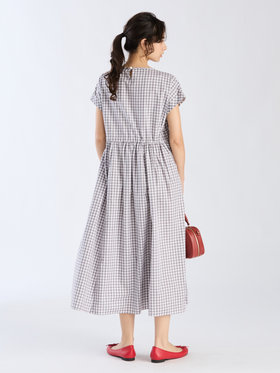 To b. by agnès b. ギンガムチェック コットン ロング ワンピース グレー×ホワイト
