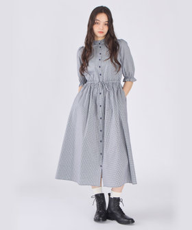 To b. by agnès b. ギンガムチェック コットン フリル ワンピース ネイビー