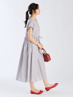 To b. by agnès b. ギンガムチェック コットン ロング ワンピース グレー×ホワイト