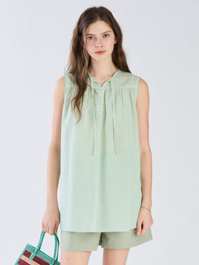 To b. by agnès b. 【Outlet】ストライプ コットンボイル ノースリーブ ブラウス グリーン