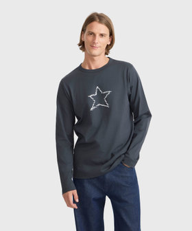 HOMME メンズ メンズ スター プリント オーガニックコットン 長袖 Tシャツ グレー