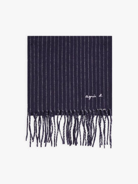 HOMME メンズ ロゴ刺繍 ストライプ ウール ストール "Rolland" ネイビー