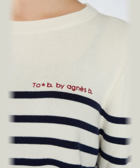 To b. by agnès b. ロゴ刺繍 コットン ボーダー ニットポロ ホワイト