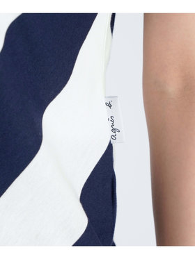 FEMME ウィメンズ 斜線ストライプ コットン Vネック ノースリーブ Tシャツ ”Mellie” ネイビー×ホワイト