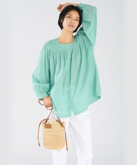 FEMME ウィメンズ ガーゼ調コットン スクエアネック 長袖 ブラウス "Angus" ライトグリーン