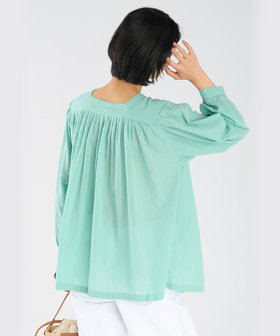 FEMME ウィメンズ ガーゼ調コットン スクエアネック 長袖 ブラウス "Angus" ライトグリーン