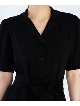 FEMME ウィメンズ ブラック トリアセテート クレープ オープンカラー 半袖 ワンピース ”Marilor” ブラック