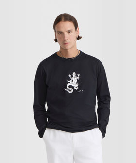 HOMME メンズ メンズ アイコニック プリント コットン 長袖 Tシャツ "Lezard" ブラック