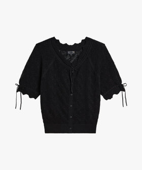 FEMME ウィメンズ フリル レース コットン 半袖 ニット カーディガン ブラック