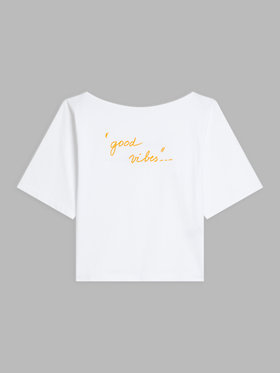FEMME ウィメンズ 【Outlet】プリント オーガニックコットン ボートネック 5分袖Tシャツ "good vibes/ bad vibes" ホワイト