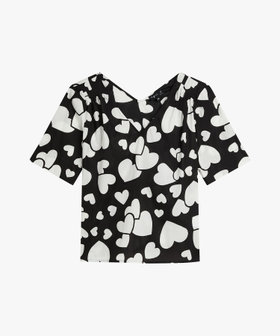 FEMME ウィメンズ ハート プリント コットン Ｖネック 半袖 トップス ブラック