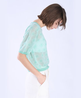 To b. by agnès b. シアー ジャカード 半袖 ニット プルオーバー グリーン系その他