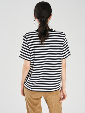 FEMME ウィメンズ 細ボーダー コットン 半袖 Tシャツ "Christof" ホワイト×ブラック