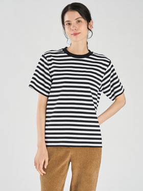 FEMME ウィメンズ 細ボーダー コットン 半袖 Tシャツ "Christof" ホワイト×ブラック
