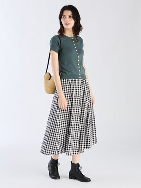 FEMME ウィメンズ "b."ロゴ刺繍 コットンニット 半袖 カーディガンプレッション "Swing" グリーン