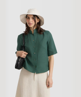 FEMME ウィメンズ リネン キャンバス スタンドカラー 半袖 シャツ "Ginette" グリーン