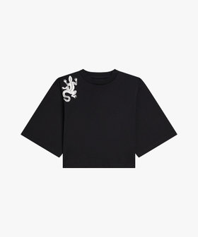 FEMME ウィメンズ アイコニック プリント コットン 5分袖 Tシャツ "Lezard" ブラック