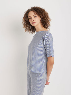 FEMME ウィメンズ ストライプ リネン ボートネック 5分袖 Tシャツ "Ocean" ブルー系その他
