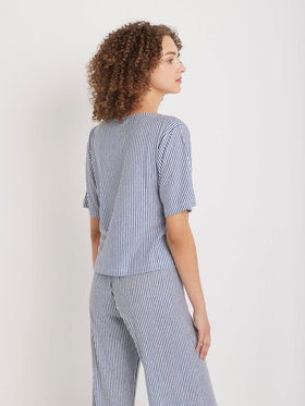 FEMME ウィメンズ ストライプ リネン ボートネック 5分袖 Tシャツ "Ocean" ブルー系その他